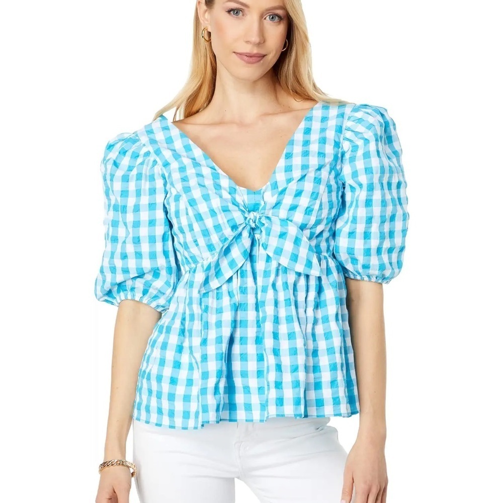 Lilly Pulitzer Sarafina Blouse Size 12 Turquoise Gingham Puff Sleeve V-Neck Top